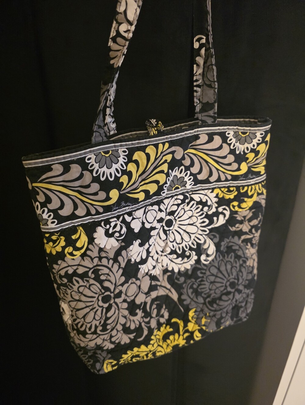 Vera Bradley Retired Quilted Floral Print Tote Bag in Black, Yellow & White - Picture 2 of 3